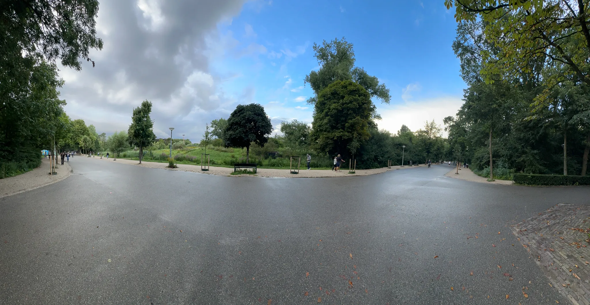 A stitched panorama where the Vondelpark paths meet - a wide apron of grey asphalt, a bench and planted beds behind it, big trees closing both edges and cloud stacked at one end of a blue sky