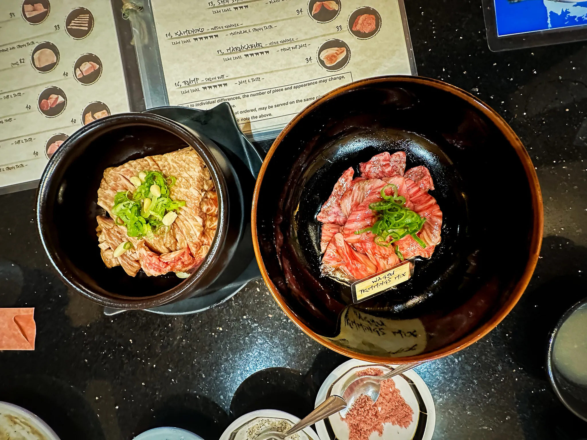 Two lacquered bowls of seared wagyu over rice, scattered with spring onion