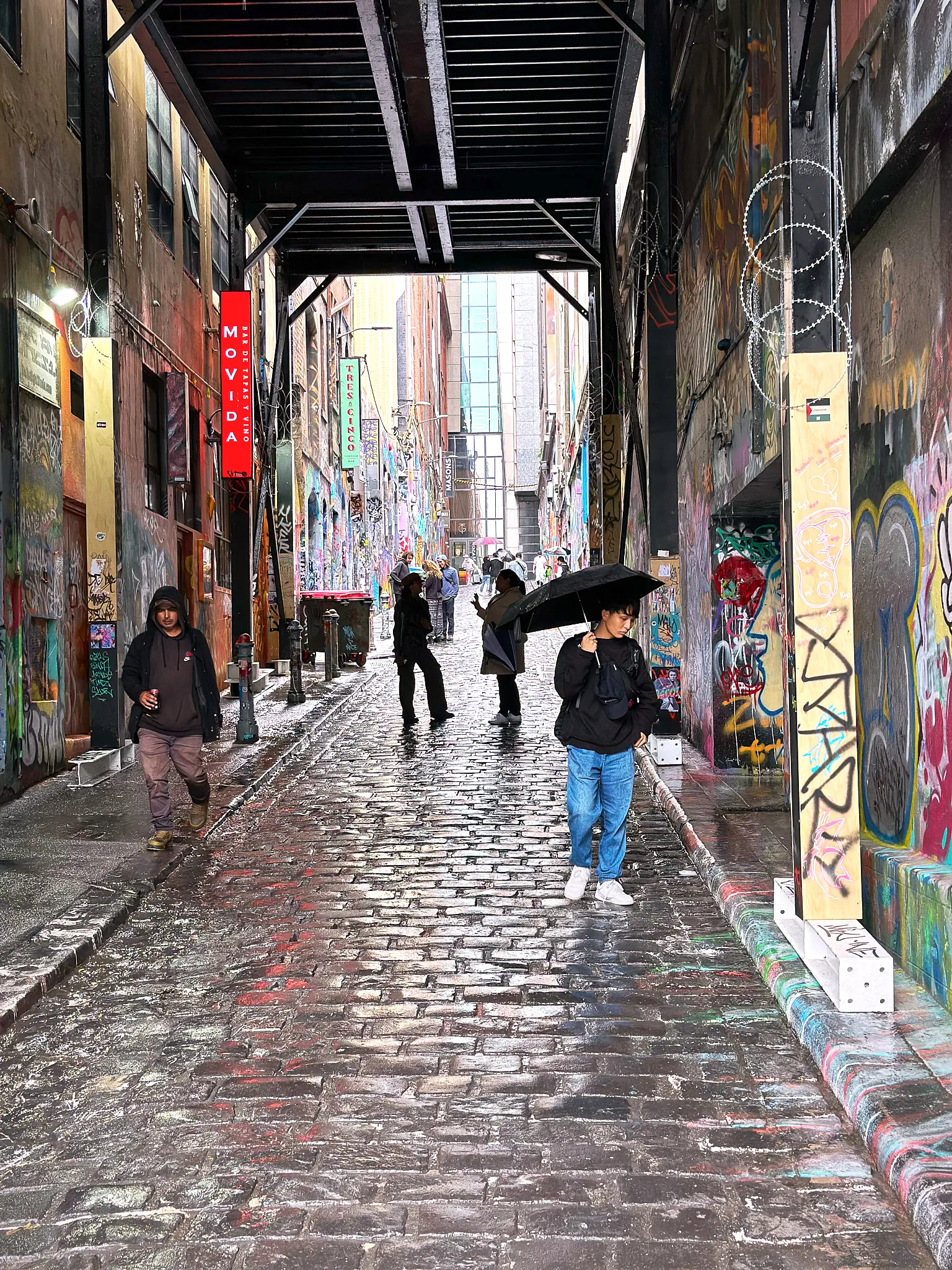 Hosier Lane in the rain, wet bluestone underfoot, a figure with a black umbrella walking through
