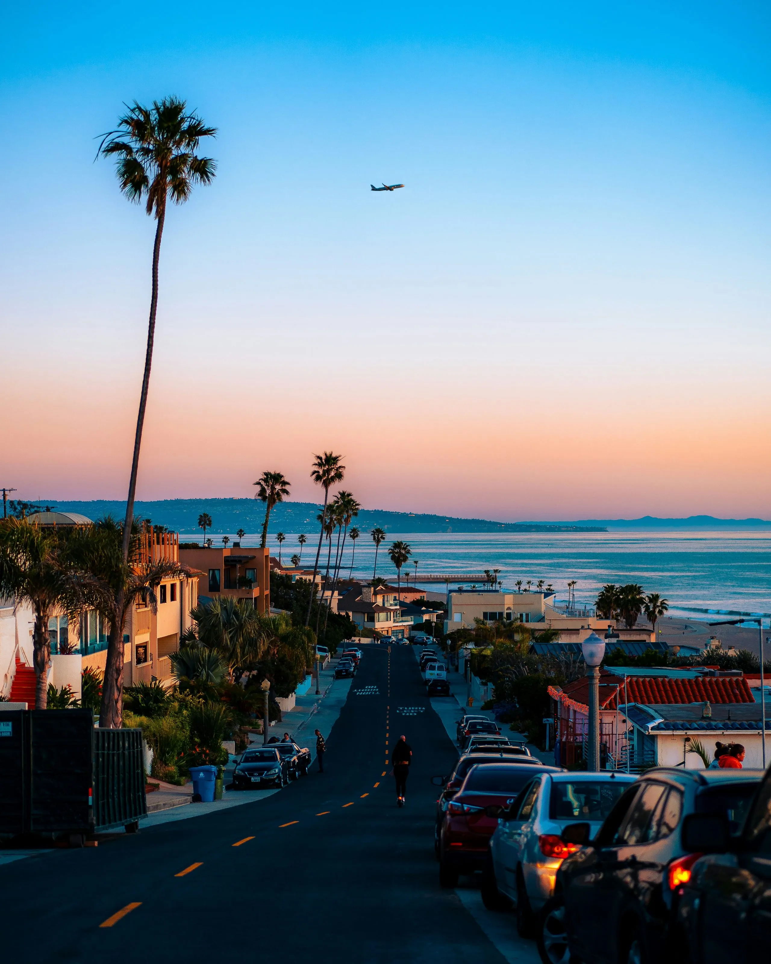 A street running downhill to the ocean at dusk, one tall palm in the foreground and cars parked along the kerb under a pink and blue sky