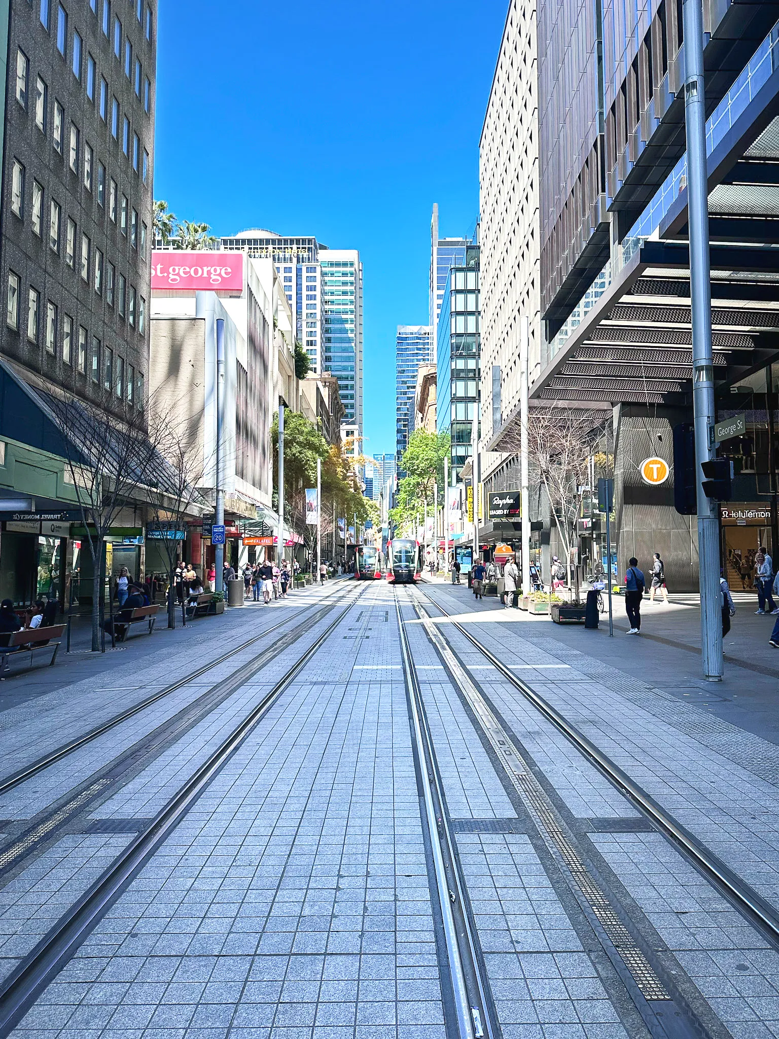 George Street from between the light rail tracks, two trams approaching in the distance between office towers and shopfronts