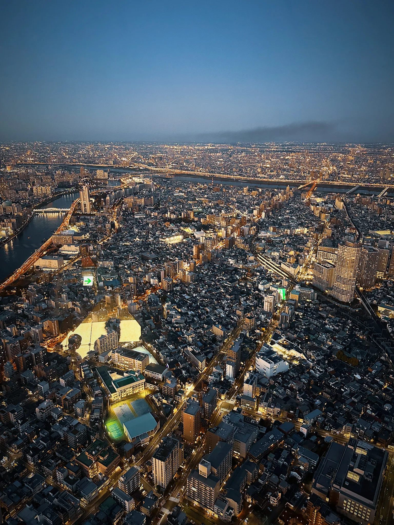 Tokyo after dark from high above, the river curling through a grid of lit streets and a floodlit sports field glowing green